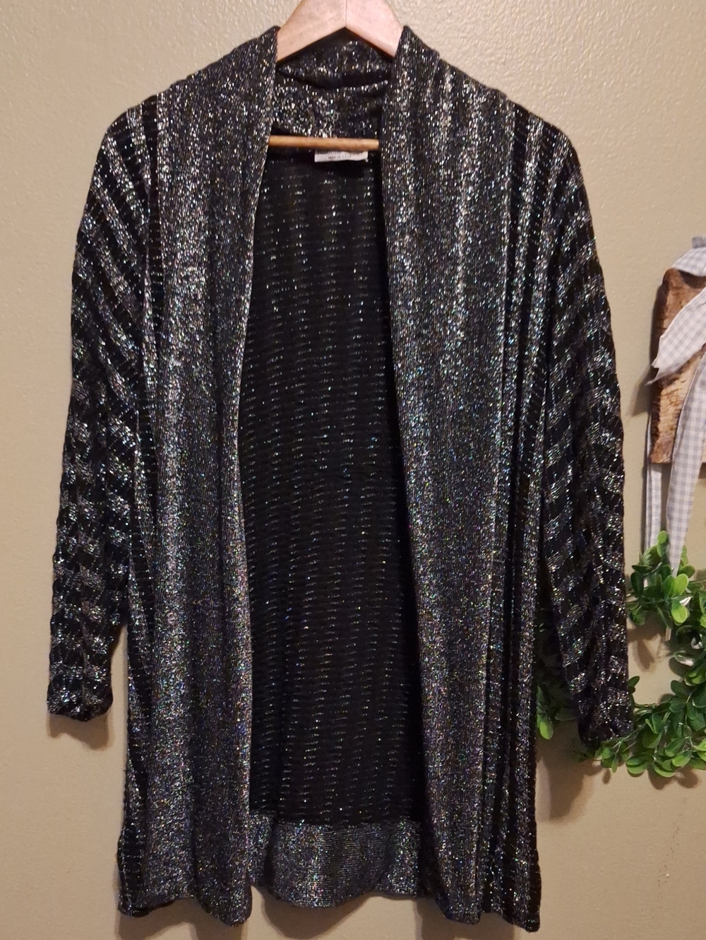 Women’s Black Metallic Open-Front Cardigan with Shimmer